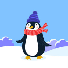 Vector flat llustration for greeting cards, postcards, icon, logo or badge. Holiday celebration card with cute penguin in winter clothes on winter landscape background