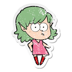 distressed sticker of a cartoon elf girl staring