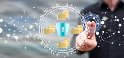 Man touching a data protection concept