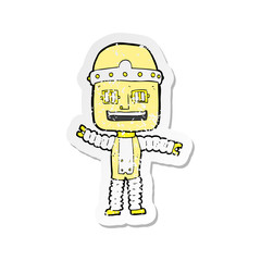 retro distressed sticker of a cartoon waving robot