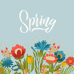 Spring. Vector floral illustration with flowers and leaves. Gentle, spring background