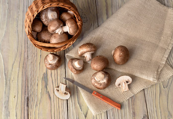 Mushrooms on a wooden table close-up