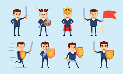 Fototapeta premium Set of businessman characters posing with diverse medieval weapons, armor. Funny businessman holding shield, sword and showing other actions. Flat design vector illustration