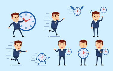 Set of businessman characters posing with watch in diverse situations. Funny businessman holding clock, running and showing other actions. Flat design vector illustration