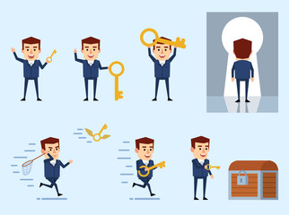 Fototapeta na wymiar Set of businessman characters posing with key in diverse situations. Find key to solve problem, key to success. Flat design vector illustration