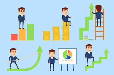 Set of businessman in blue suit posing with various diagrams, charts. Cheerful man standing on growth chart, ladder, pointing to whiteboard and showing other actions. Flat style vector illustration