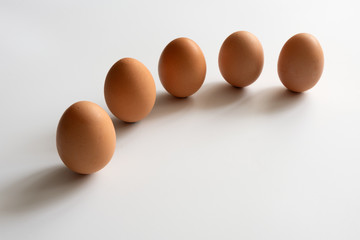 Five chicken eggs in a row on a white background