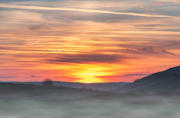 Fototapeta na wymiar Sunset late winter with fog 
