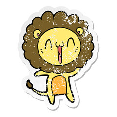 distressed sticker of a happy cartoon lion