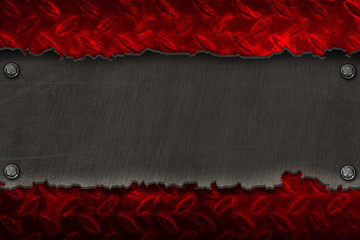 black metal banner on red diamond plate.