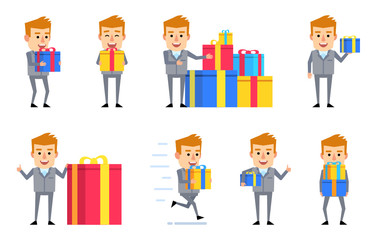 Set of businessman characters in grey suit posing with diverse gift boxes. Cheerful man holding gift box, celebrating birthday, running and showing other actions. Flat style vector illustration