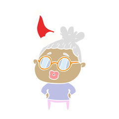 flat color illustration of a librarian woman wearing spectacles wearing santa hat