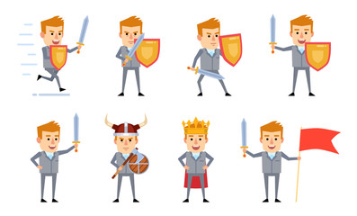 Set of businessman characters posing with diverse medieval weapons, armor. Funny businessman holding shield, sword and showing other actions. Flat design vector illustration