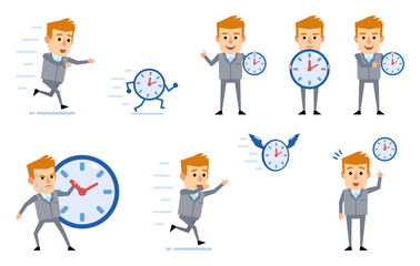 Set of businessman in grey suit posing with watch in diverse situations. Funny businessman holding clock, running and showing other actions. Flat design vector illustration