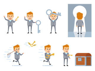 Set of businessman in grey suit posing with key in diverse situations. Find key to solve problem, key to success. Flat design vector illustration
