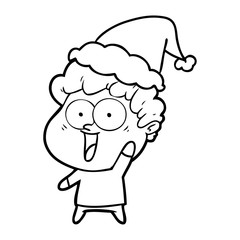 line drawing of a happy man wearing santa hat