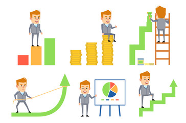Set of businessman in grey suit posing with various diagrams, charts. Cheerful man standing on growth chart, ladder, pointing to whiteboard and showing other actions. Flat style vector illustration