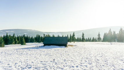 Winter view of a wooden cabin in winter mountain landscape. Blue sky, snow covered trees, white...