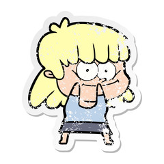 distressed sticker of a cartoon smiling woman