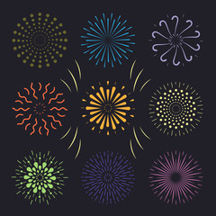 Firework icon set, happy holiday! Vector illustration in flat style.