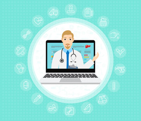 Online doctor, internet computer health service, medical consultation vector concept. Online medical consultation and support, illustration of medical service