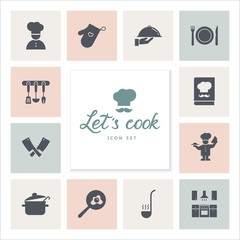 Set of icons on the kitchen theme, kitchen tools, logos, and lettering. Icons are drawn in a flat style and are isolated on a background.