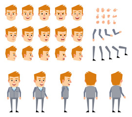 Blonde businessman in grey suit creation kit. Various gestures, emotions, diverse poses, views. Create your own pose, animation. Flat style vector illustration
