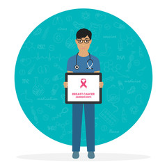 Male doctor pointing at medical clipboard. 4 February world cancer day horizontal poster. Vector