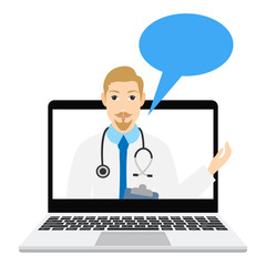 Fototapeta na wymiar Doctor with stethoscope on the screen, concept of online diagnostics, vector illustration. Online medical application. Notebook with medical assistant and doctor consultation