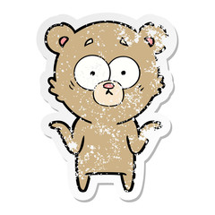 distressed sticker of a cartoon bear shrugging shoulders