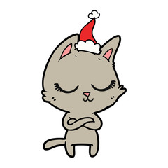 calm line drawing of a cat wearing santa hat