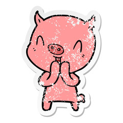 distressed sticker of a happy cartoon pig