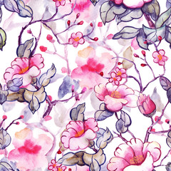 Seamless pattern. Camellia flower. Watercolor illustration painted in asian style