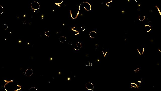 Holiday, carnival, festive, design element falling on the black and white background for celebration decoration, golden curly ribbons, bright serpentines. Looped 4K motion graphic.