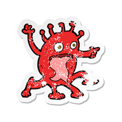 retro distressed sticker of a cartoon weird little alien