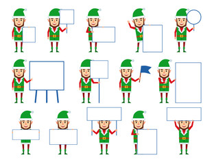Set of Christmas elf characters posing with different blank signboards. Funny elves holding banner, sign, paper, pointing to whiteboard. Flat style vector illustration