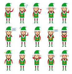 Set of Christmas elf characters showing different emotions. Funny elves laughing, crying, angry, surprised, dazed, sleeping and showing other emotions. Flat style vector illustration