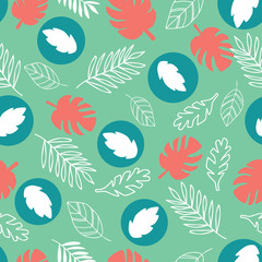 jungle leaf green and coral print pattern. For product design, fabric, wallpaper, background, invitations, packaging design projects. Surface pattern design