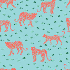 Coral, blue and green leopard print pattern. For product design, fabric, wallpaper, background, invitations, packaging design projects. Surface pattern design