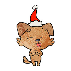 textured cartoon of a dog sticking out tongue wearing santa hat