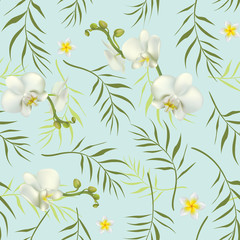 Flowers. Floral background. Orchids. Tropical flowers. Palm leaves. Seamless pattern. Plumeria.