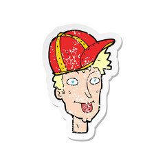 retro distressed sticker of a cartoon boy wearing cap