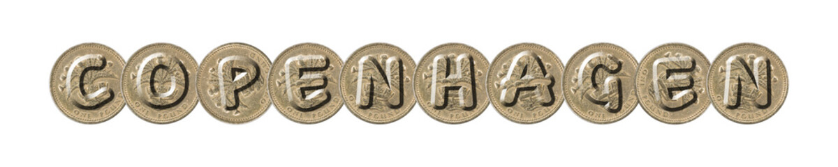 COPENHAGEN  word with British coins on white background