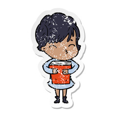 distressed sticker of a cartoon woman thinking