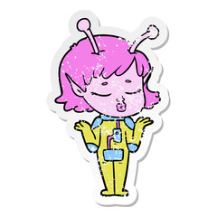 distressed sticker of a cartoon alien girl