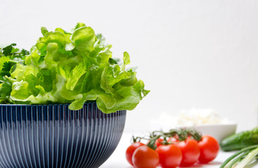 Closeup of lettuce leaves in the bowl and different ingredients for cooking.Fresh and delicious vegetables prepared for cooking meal