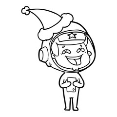 line drawing of a laughing astronaut wearing santa hat