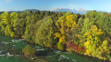 AERIAL Flying over a beautiful blue river flowing past autumn colored forest.