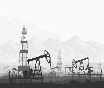 Oil Pumps And Drilling Rigs At Large Oilfield Over Huge Mountain Range. Detail Vector Black And White Illustration.