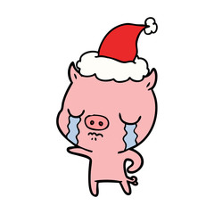 line drawing of a pig crying wearing santa hat